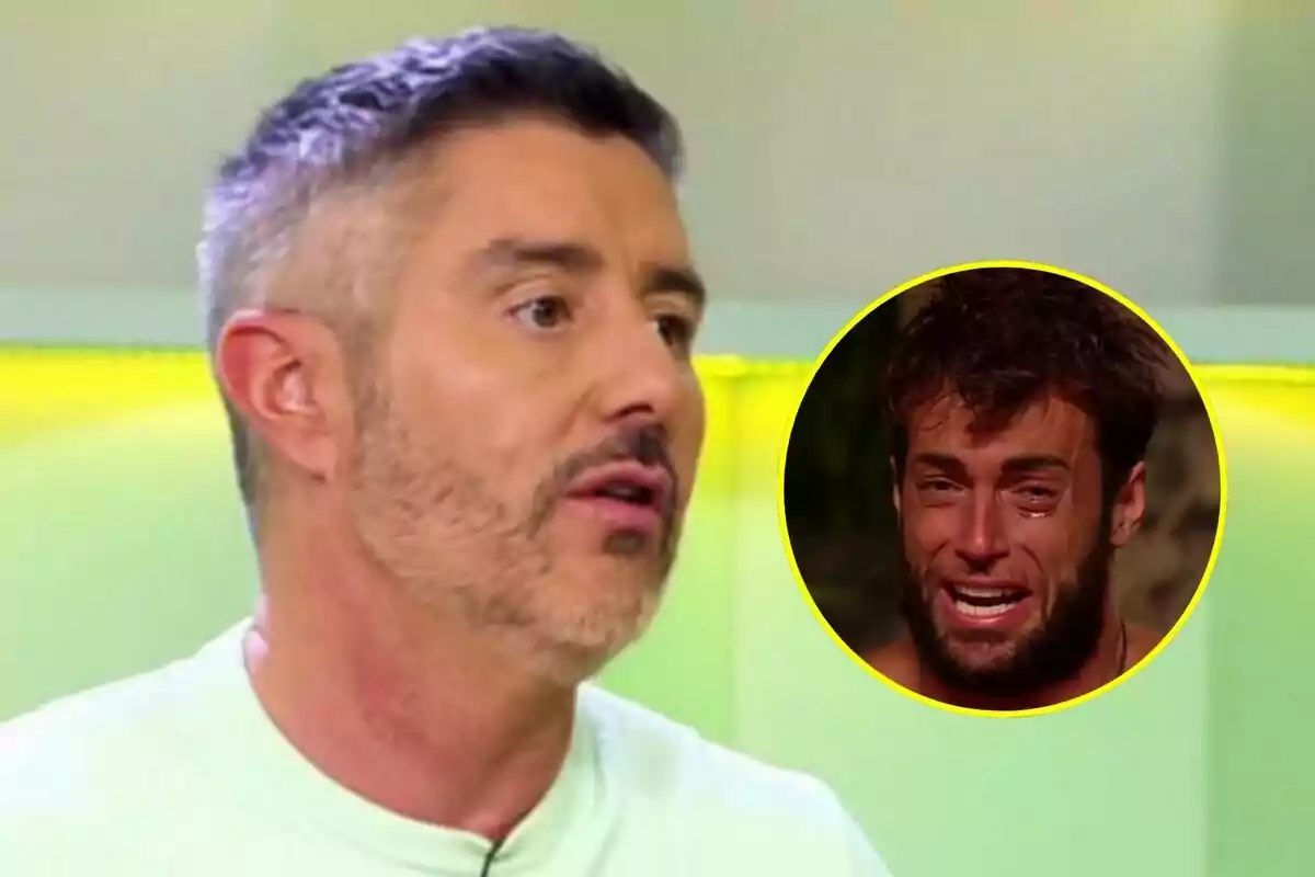 Pepe del Real de perfil con barba y cabello corto en Vamos a ver aparece en primer plano mientras en un círculo amarillo se muestra a Montoya llorando en Supervivientes.