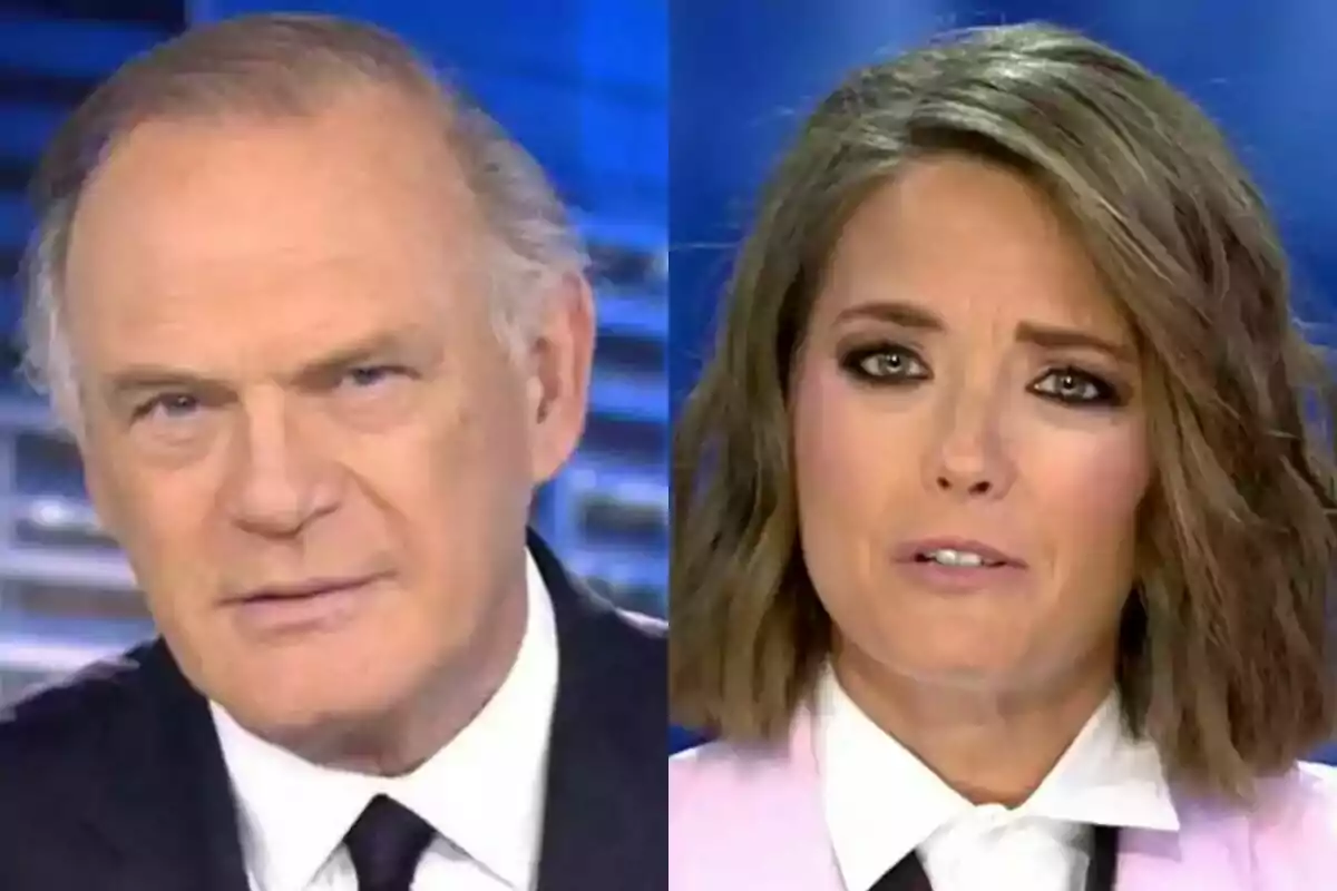Pedro Piqueras y María Casado en un estudio de televisión con expresiones serias.