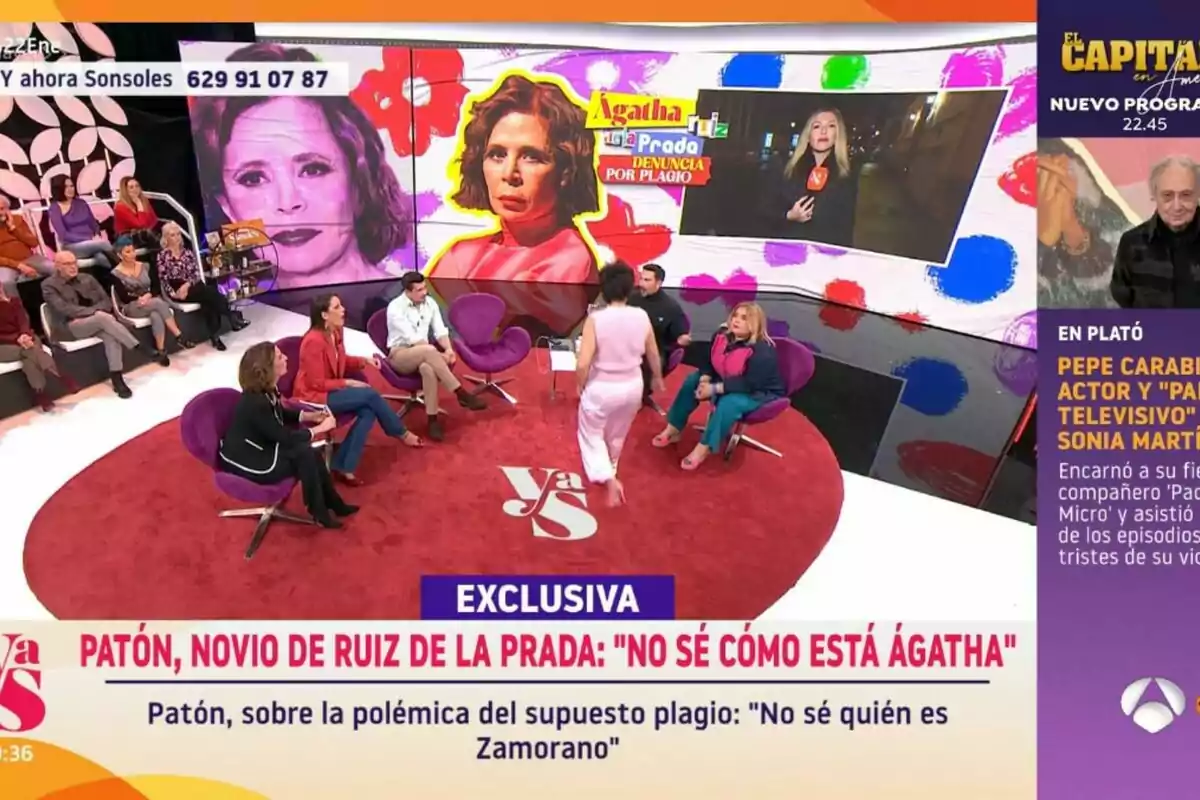 Sonsoles Ónega a 'I ara, Sonsoles' amb un panell de discussió sobre una polèmica de plagi relacionada amb Ágatha Ruiz de la Prada, on es mostra una imatge d'ella al fons i diverses persones assegudes en un plató acolorit. Sonsoles Ónega a 'I ara, Sonsoles' amb un panell de discussió sobre una polèmica de plagi relacionada amb Ágatha Ruiz de la Prada, on es mostra una imatge d'ella al fons i diverses persones assegudes en un plató acolorit.