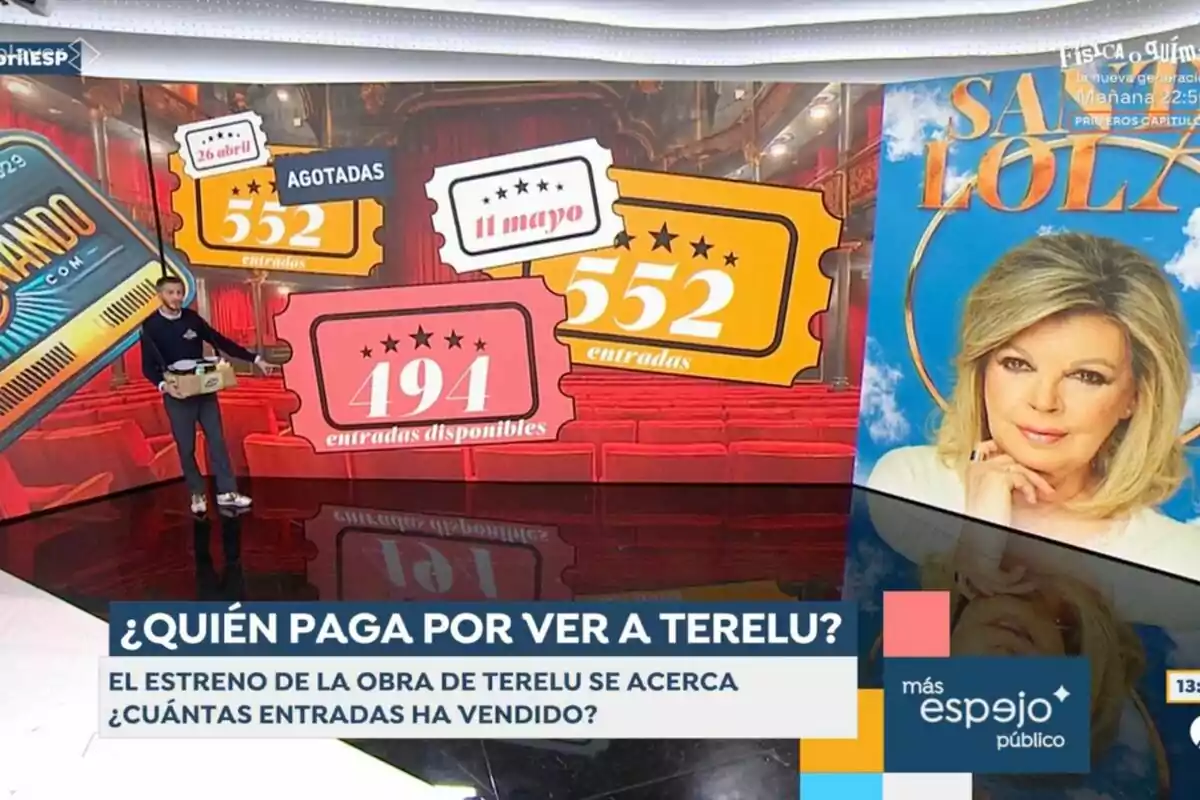 La imagen muestra un escenario de televisión con gráficos de entradas vendidas y disponibles para un evento, junto a un cartel promocional de Terelu Campos La imagen muestra un escenario de televisión con gráficos de entradas vendidas y disponibles para un evento, junto a un cartel promocional de Terelu Campos