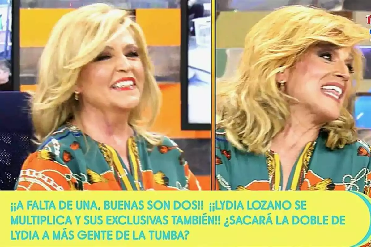 Lydia Lozano y su imitador, Josep Ferré sonríe en un programa de televisión, con un texto en la parte inferior que hace referencia a exclusivas y duplicados. Lydia Lozano y su imitador, Josep Ferré sonríe en un programa de televisión, con un texto en la parte inferior que hace referencia a exclusivas y duplicados.