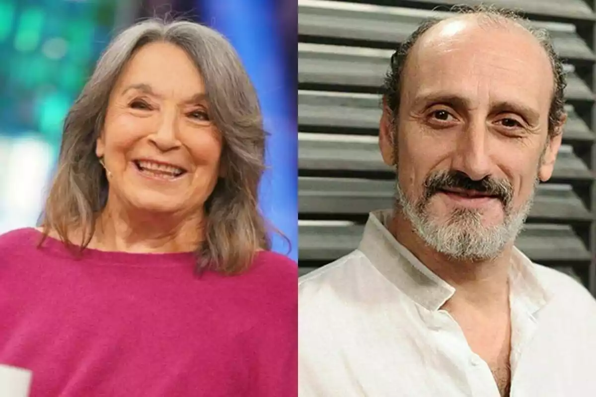 Petra Martínez amb cabell gris i jersei rosa a l'esquerra José Luis Gil amb barba i camisa blanca a la dreta.