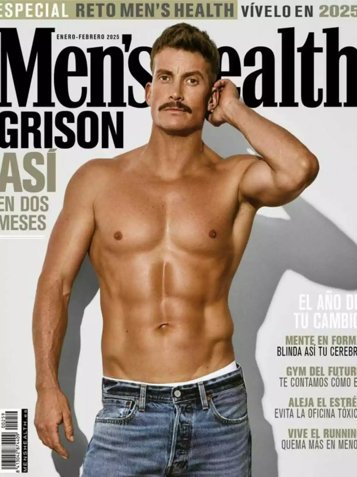 Portada de la revista Men's Health con Grison musculoso posando sin camisa y usando jeans. Portada de la revista Men's Health con Grison musculoso posando sin camisa y usando jeans.