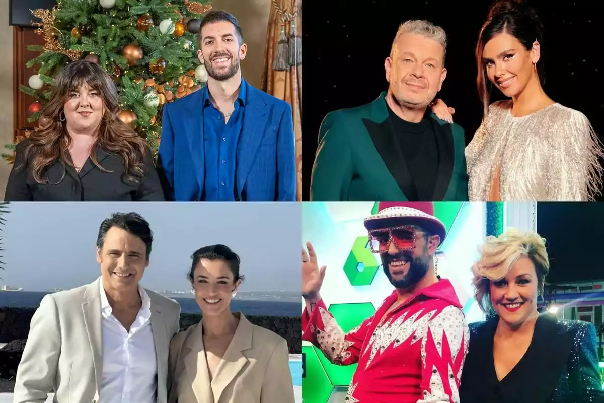 Collage con los presentadores de las Campanadas 2024-2025: David Broncano y Lalachus en La 1, Cristina Pedroche y Alberto Chicote en Antena 3, Ion Aramendi y Blanca Romero en Telecinco y Cristina Pardo y Dani Mateo en laSexta.