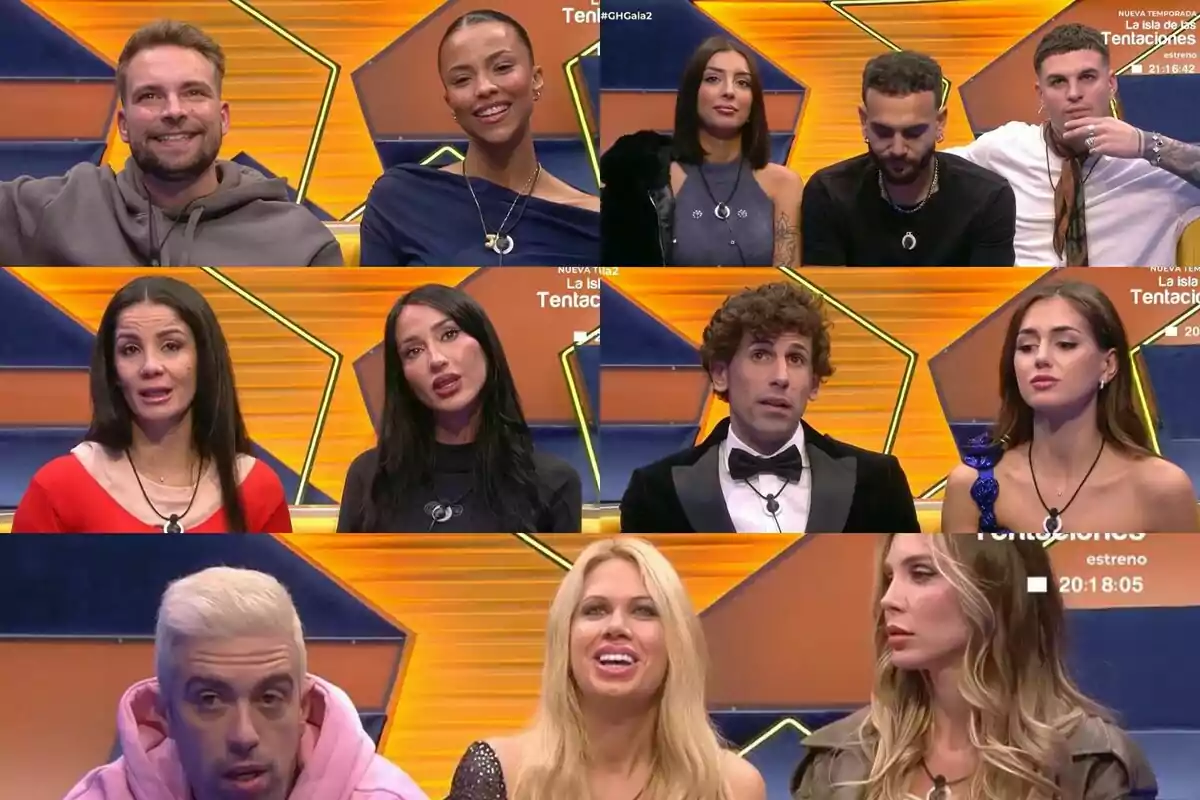 Un grupo de personas sentadas en GH DÚO con fondo naranja y azul, algunas de ellas sonriendo y otras con expresiones serias, todos llevan micrófonos.