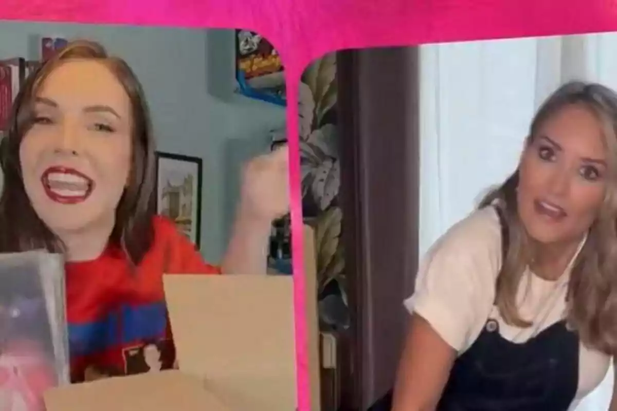 Inés Hernand y Alba Carrillo sonrientes en una videollamada, una de ellas con una caja abierta frente a ella en la promo de Pasa sin Llamar. Inés Hernand y Alba Carrillo sonrientes en una videollamada, una de ellas con una caja abierta frente a ella en la promo de Pasa sin Llamar.