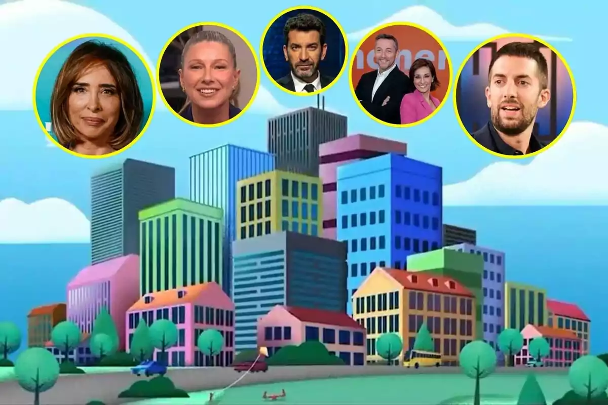 Una ilustración de una ciudad colorida con edificios altos que forma parte de una campaña de RTVE y en la parte superior hay cinco círculos amarillos que contienen fotografías de María Patiño, Anne Igartiburu, Arturo Valls, Javier Ruiz, Adela González y David Broncano.