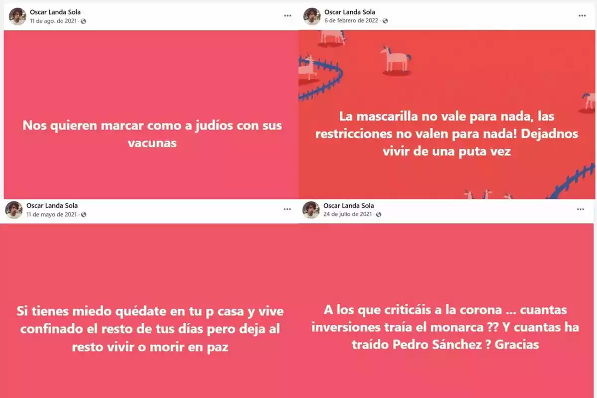 Cuatro publicaciones de Facebook con fondo rojo y texto en blanco donde Óscar Landa expresa opiniones críticas sobre las vacunas, las mascarillas, las restricciones y la monarquía. Cuatro publicaciones de Facebook con fondo rojo y texto en blanco donde Óscar Landa expresa opiniones críticas sobre las vacunas, las mascarillas, las restricciones y la monarquía.