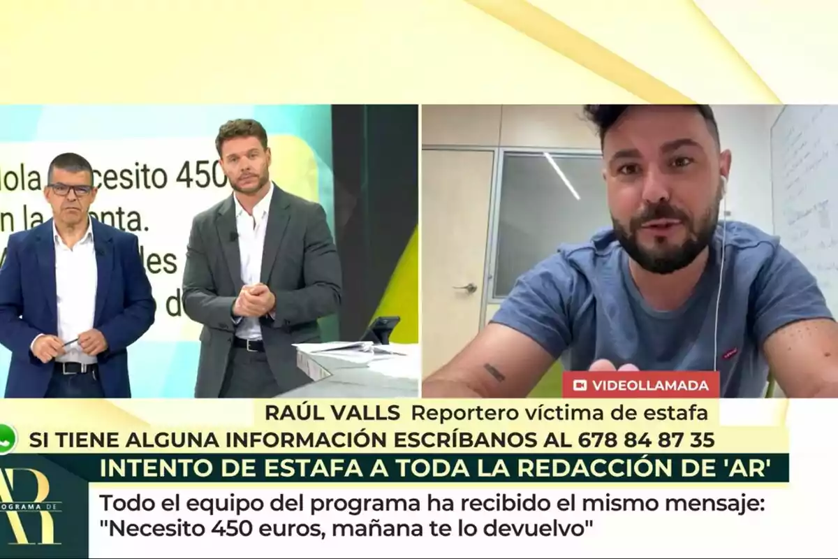 Manu Marlasca y Jano Mecha están en El Programa de Ana Rosa junto a una pantalla que muestra un mensaje de texto, mientras el reportero Raul Valls aparece en una videollamada en la parte derecha de la imagen. Manu Marlasca y Jano Mecha están en El Programa de Ana Rosa junto a una pantalla que muestra un mensaje de texto, mientras el reportero Raul Valls aparece en una videollamada en la parte derecha de la imagen.