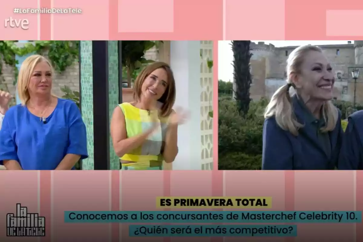 Belén Esteban, María Patiño i Rosa Benito somriuen en un programa de televisió, amb gràfics que mencionen els concursants de Masterchef Celebrity 10 i la pregunta sobre qui serà el més competitiu a La Família de la Tele. Belén Esteban, María Patiño i Rosa Benito somriuen en un programa de televisió, amb gràfics que mencionen els concursants de Masterchef Celebrity 10 i la pregunta sobre qui serà el més competitiu a La Família de la Tele.