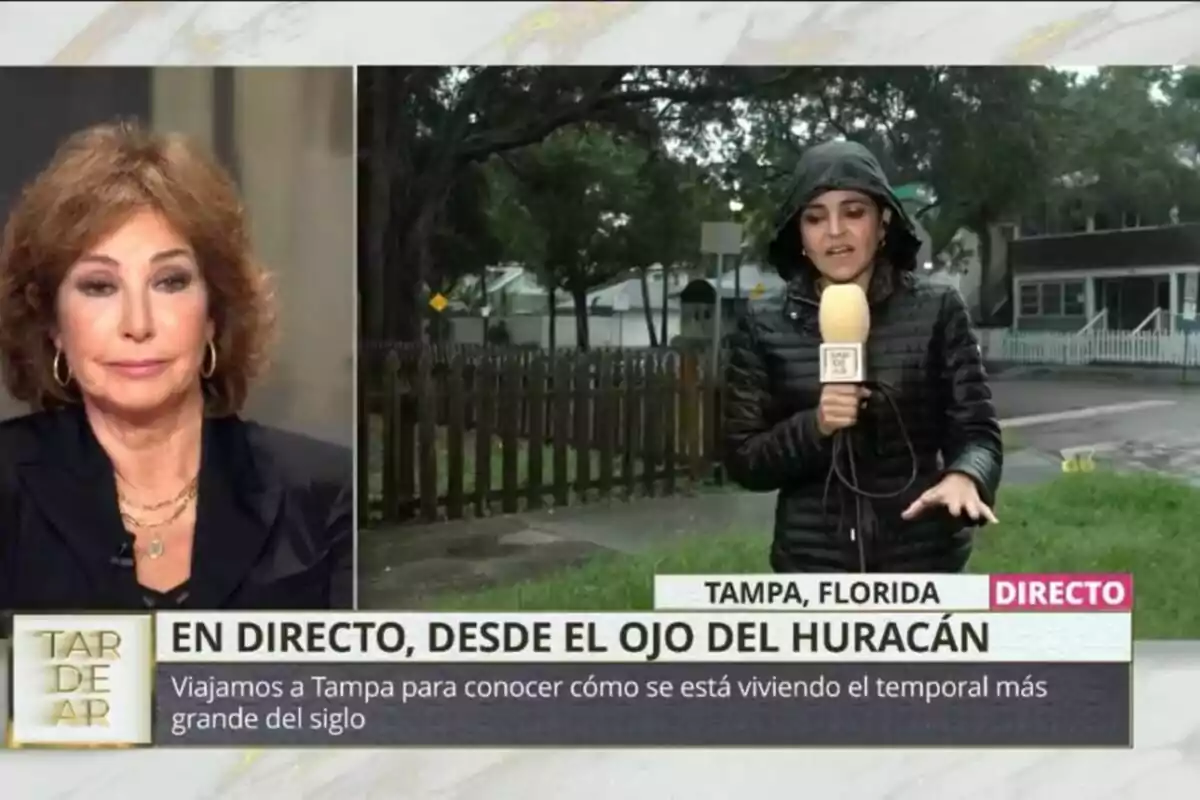 Rosa Conde informa en directo para TardeAR desde Tampa, Florida, sobre un huracán, Ana Rosa Quintana en el plató observa la transmisión. Rosa Conde informa en directo para TardeAR desde Tampa, Florida, sobre un huracán, Ana Rosa Quintana en el plató observa la transmisión.