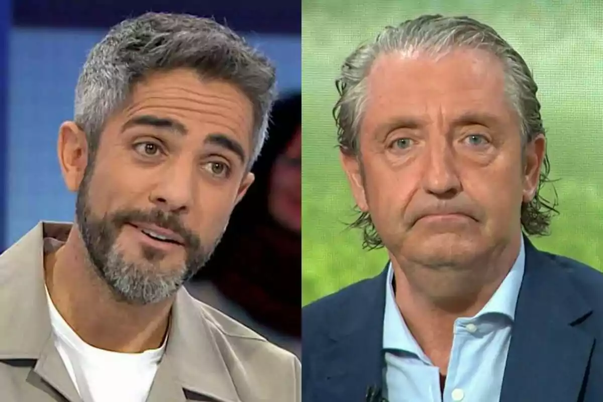 Dos homes en un programa de televisió, Roberto Leal amb barba i cabell curt a Pasapalabra i Josep Pedrerol amb cabell pentinat cap enrere a El Chiringuito de Jugones. Dos homes en un programa de televisió, Roberto Leal amb barba i cabell curt a Pasapalabra i Josep Pedrerol amb cabell pentinat cap enrere a El Chiringuito de Jugones.