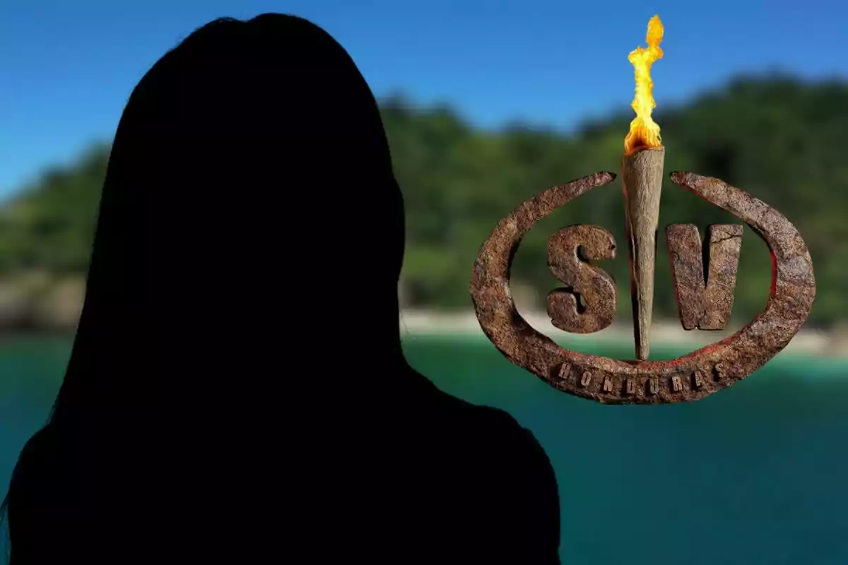 Silueta de Rosario Matew frente a un fondo de playa con el logo de un programa de televisión que tiene una antorcha y las letras "SV" (Supervivientes).