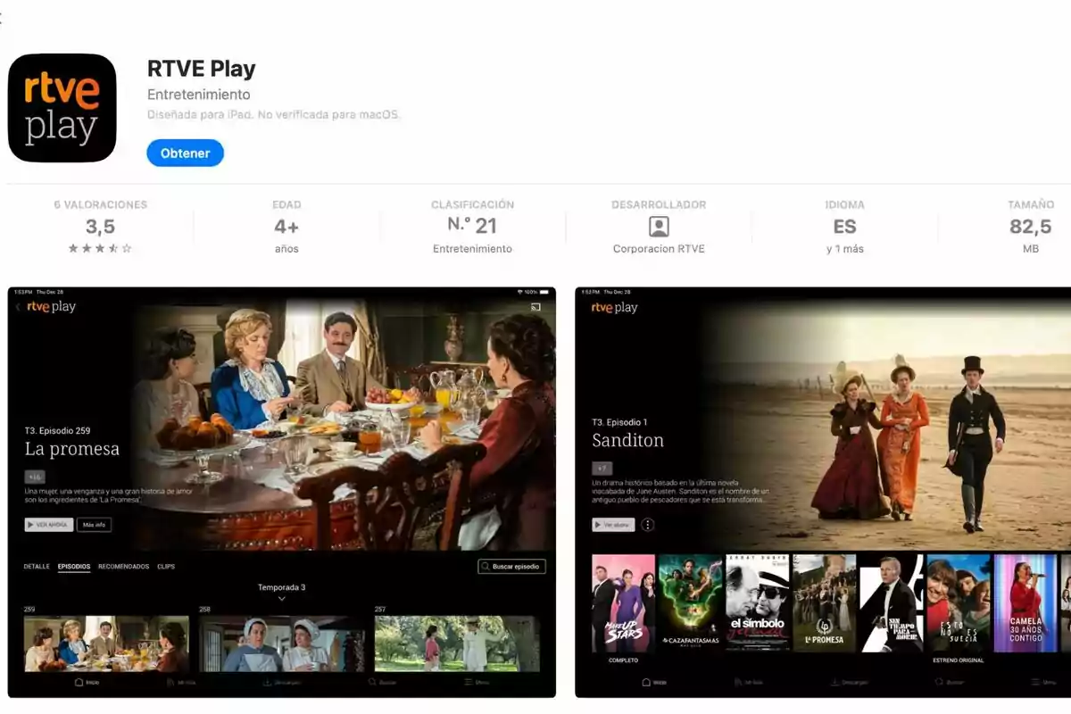 Captura de pantalla de la aplicación RTVE Play en la App Store, mostrando detalles como la calificación de 3.5 estrellas, la edad recomendada de 4+ años, y el tamaño de 82.5 MB, junto con imágenes de las series Captura de pantalla de la aplicación RTVE Play en la App Store, mostrando detalles como la calificación de 3.5 estrellas, la edad recomendada de 4+ años, y el tamaño de 82.5 MB, junto con imágenes de las series