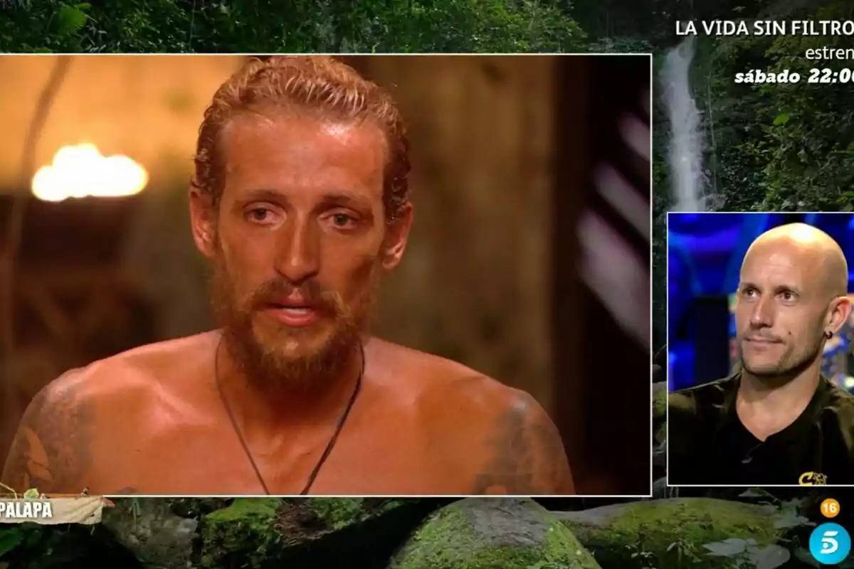 Captura de Rubén Torres llorando en la palapa de Supervivientes con su hermano en el plató Captura de Rubén Torres llorando en la palapa de Supervivientes con su hermano en el plató