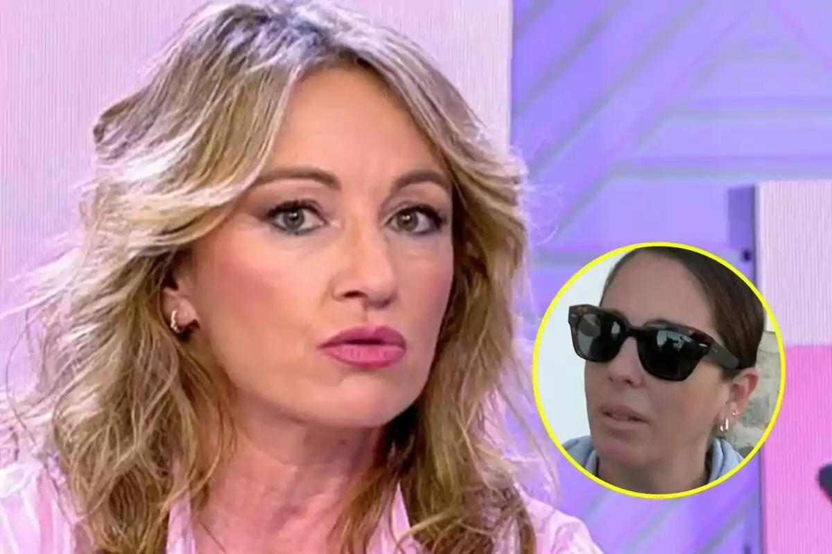 Sandra Aladro de cabello rubio y expresión seria en Vamos a ver aparece en primer plano mientras en la esquina inferior derecha hay un recuadro circular con Anabel Pantoja usando gafas de sol.