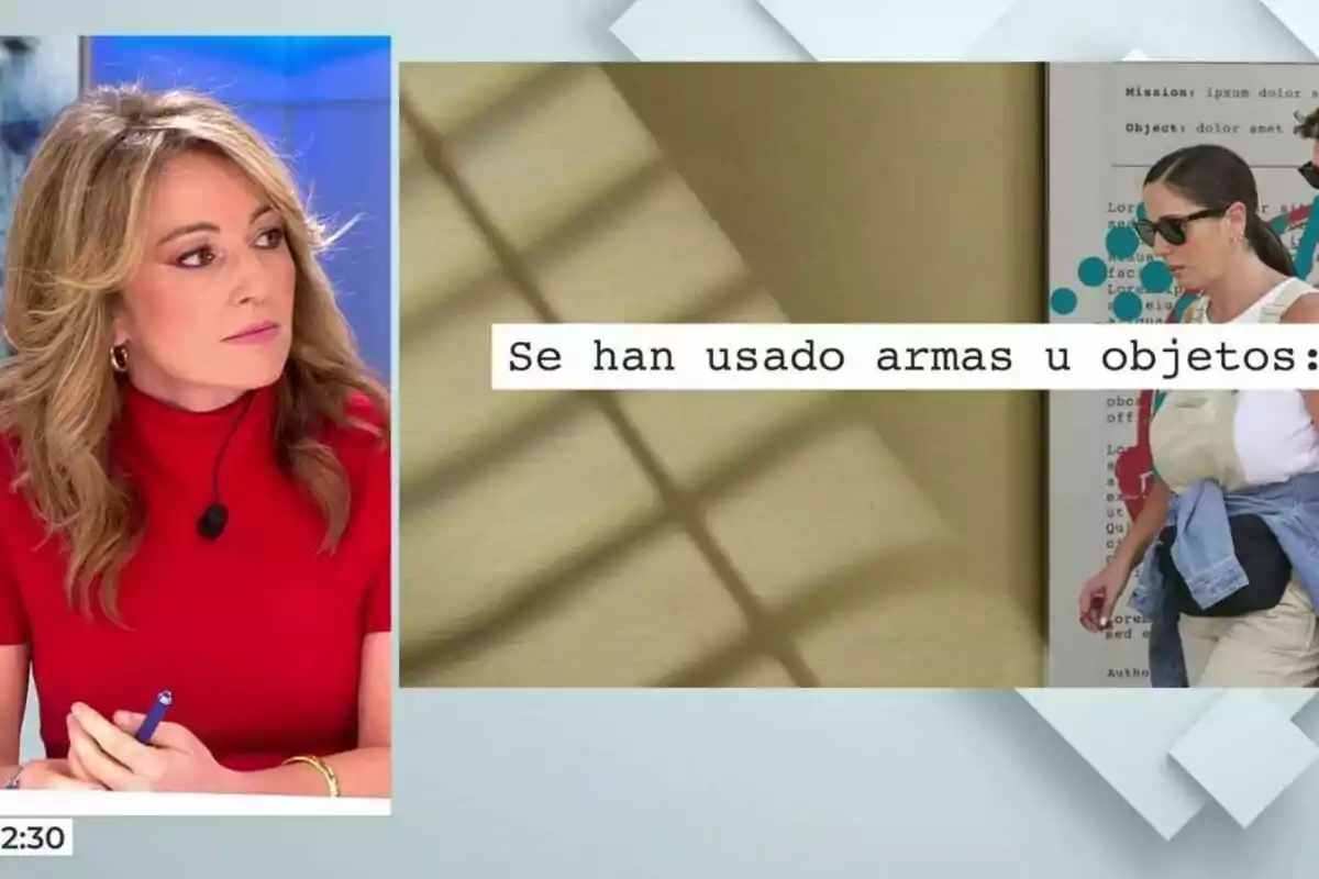 Sandra Aladro con un vestido rojo está sentada en Vamos a ver, mientras que a la derecha hay un texto que dice Sandra Aladro con un vestido rojo está sentada en Vamos a ver, mientras que a la derecha hay un texto que dice
