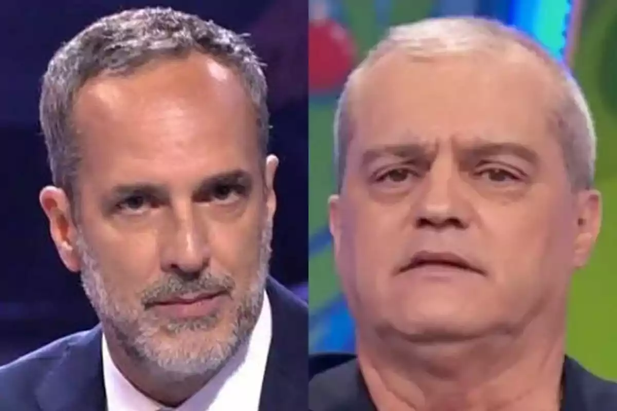 Santi Acosta en De Viernes a la izquierda y Ramón García en El Grand Prix a la derecha, ambos con expresión seria.