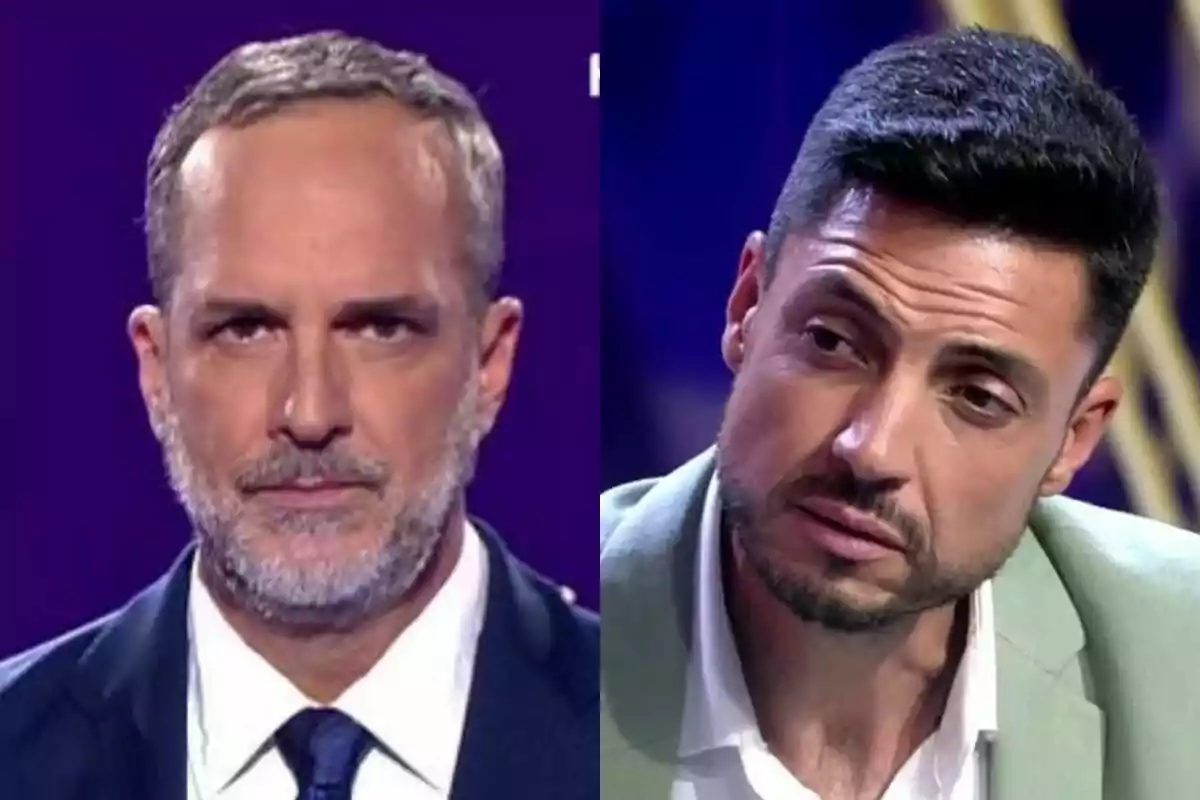 Dos hombres en De Viernes, Santi Acosta con cabello corto y barba canosa, Carlos Calderón con cabello oscuro y barba recortada, ambos con expresiones serias.