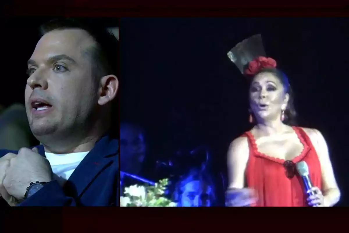Saúl Ortiz con expresión seria a la izquierda e Isabel Pantoja cantando en el escenario con un vestido rojo a la derecha en Tardear. Saúl Ortiz con expresión seria a la izquierda e Isabel Pantoja cantando en el escenario con un vestido rojo a la derecha en Tardear.