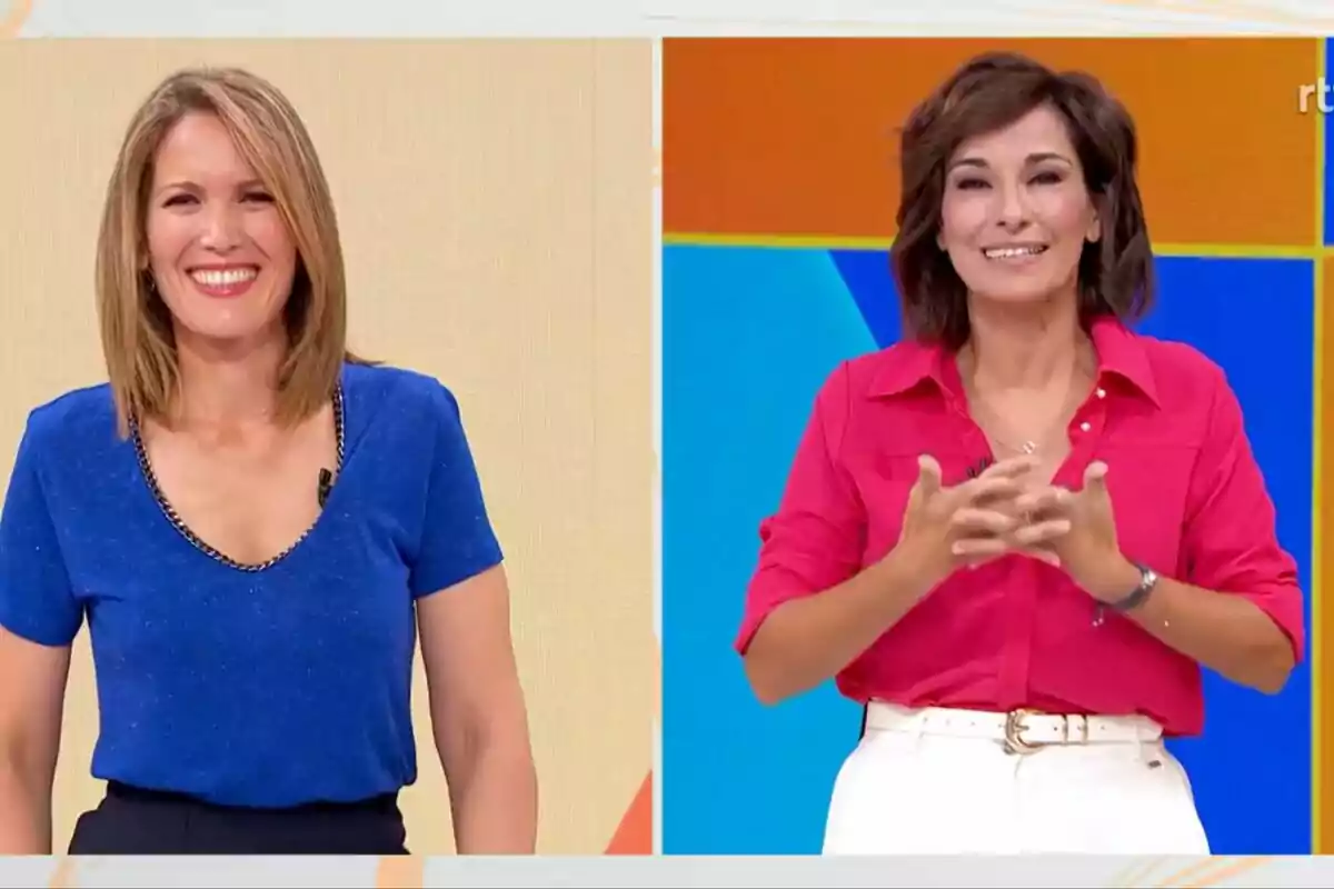 Montaje de Silvia Intxaurrondo con camiseta azul en La Hora de La 1 a la izquierda y Adela González con camisa rosa en Mañaneros a la derecha Montaje de Silvia Intxaurrondo con camiseta azul en La Hora de La 1 a la izquierda y Adela González con camisa rosa en Mañaneros a la derecha