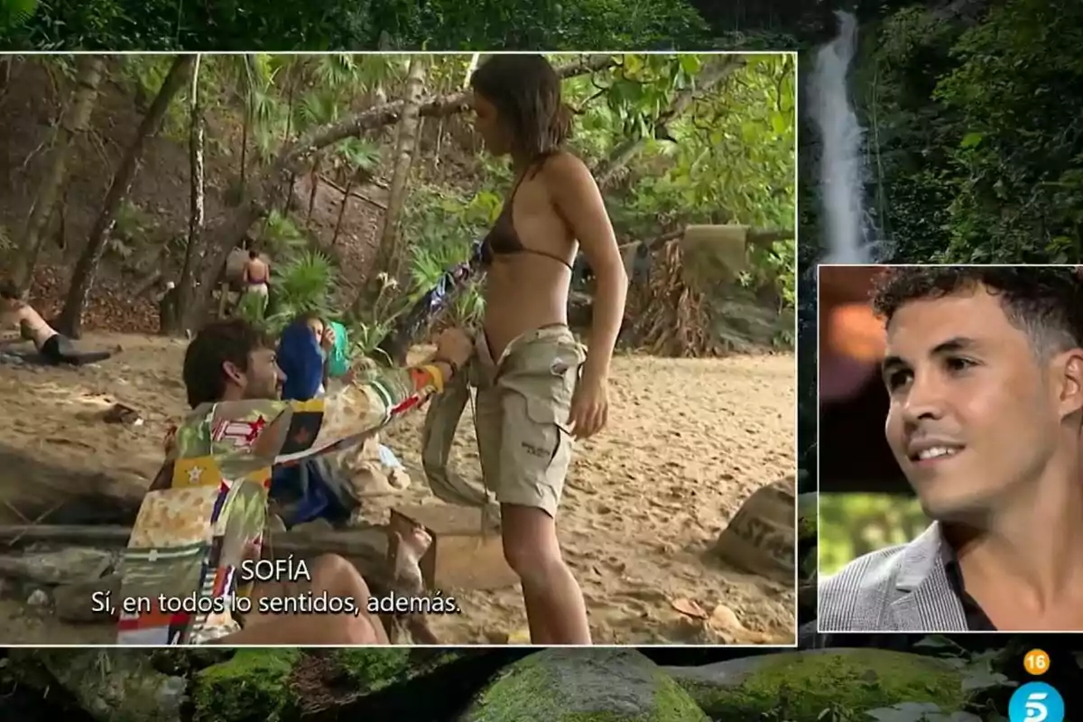 Captura de Sofía Suescun de pie y Logan Sampedro arrodillado frente a ella, mientras que en la esquina inferior derecha hay un recuadro con el rostro de Kiko Jiménez sonriendo en el plató de Supervivientes Captura de Sofía Suescun de pie y Logan Sampedro arrodillado frente a ella, mientras que en la esquina inferior derecha hay un recuadro con el rostro de Kiko Jiménez sonriendo en el plató de Supervivientes