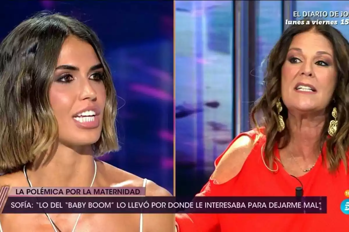 Captura de Sofía Suescun y Ángela Portero discuten en De Viernes sobre la maternidad, con un rótulo que dice: Captura de Sofía Suescun y Ángela Portero discuten en De Viernes sobre la maternidad, con un rótulo que dice: