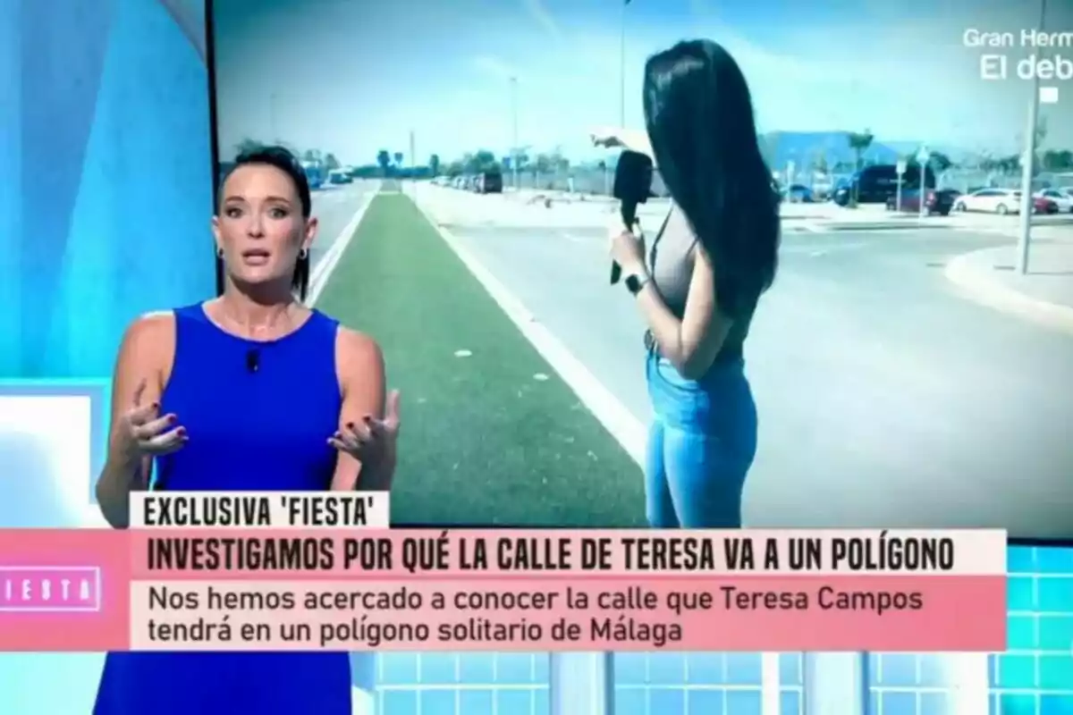 La reportera Sonia Fernández en el plató de Fiesta con un vestido azul, mientras en la pantalla detrás de ella se muestra a una reportera en un polígono industrial, con un texto en la parte inferior que dice: La reportera Sonia Fernández en el plató de Fiesta con un vestido azul, mientras en la pantalla detrás de ella se muestra a una reportera en un polígono industrial, con un texto en la parte inferior que dice: