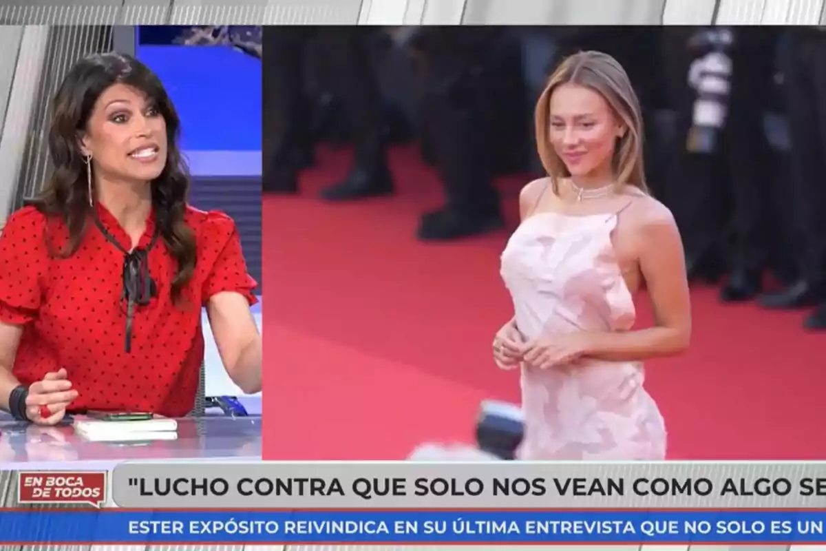 Sonia Ferrer con blusa roja de lunares negros está hablando en En Boca de Todos, mientras que a la derecha hay una imagen de Ester Expósito en una alfombra roja con un vestido claro.
