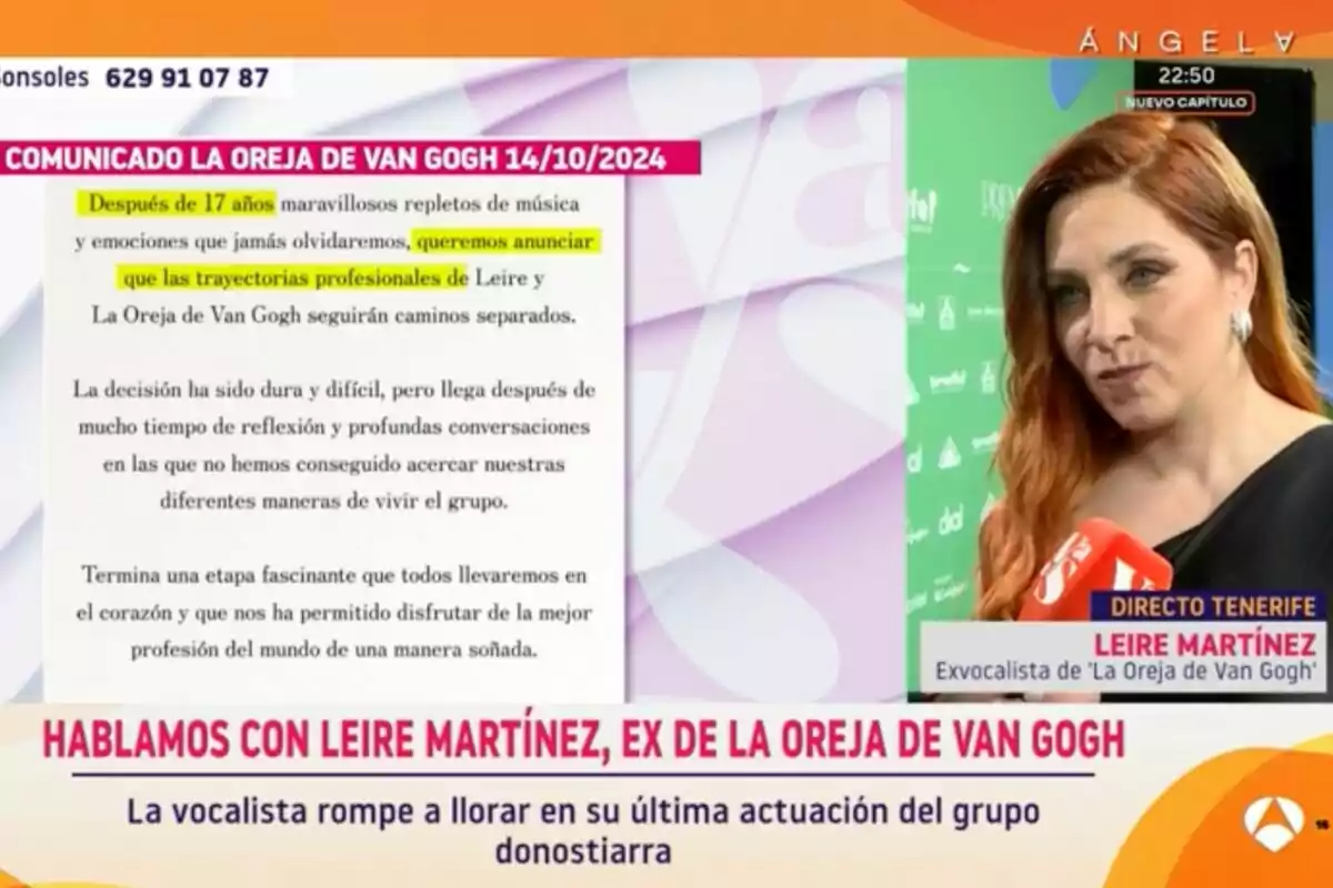 Una imagen de un comunicado de La Oreja de Van Gogh anunciando la separación profesional de Leire Martínez, junto a una entrevista con ella en un evento, donde se menciona que la vocalista rompió a llorar en su última actuación con el grupo. Una imagen de un comunicado de La Oreja de Van Gogh anunciando la separación profesional de Leire Martínez, junto a una entrevista con ella en un evento, donde se menciona que la vocalista rompió a llorar en su última actuación con el grupo.