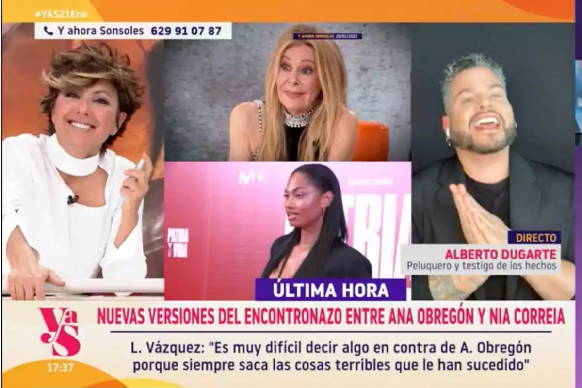 El programa 'I Ahora, Sonsoles' amb diversos panelistes discutint sobre un tema d'actualitat, amb un titular que esmenta una trobada entre Ana Obregón i Nia Correia.