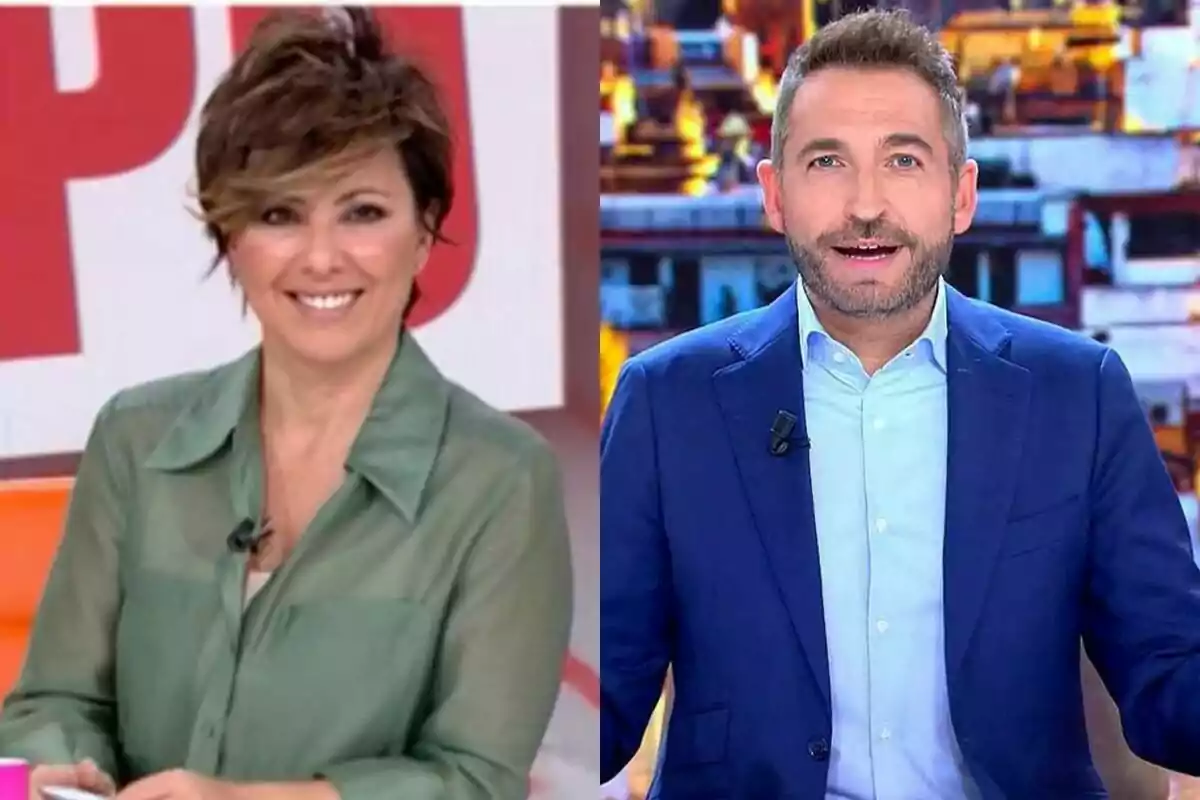 Sonsoles Ónega i Frank Blanco somriuen mentre són en un plató de gravació.