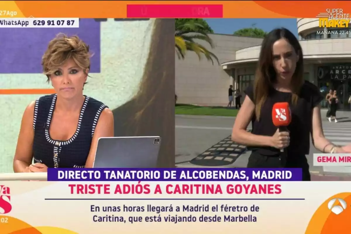 Sonsoles Ónega en Y ahora Sonsoles conectando con la reportera Gema Mirón en el exterior informan sobre la llegada del féretro de Caritina Goyanes al tanatorio de Alcobendas, Madrid. Sonsoles Ónega en Y ahora Sonsoles conectando con la reportera Gema Mirón en el exterior informan sobre la llegada del féretro de Caritina Goyanes al tanatorio de Alcobendas, Madrid.