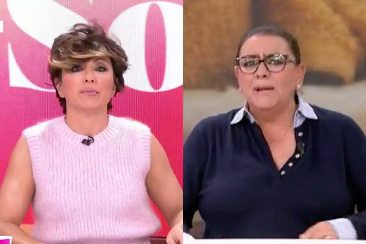 Sonsoles Ónega y María del Monte en 'Y ahora Sonsoles', una con un chaleco rosa y la otra con una camisa azul oscuro y gafas.