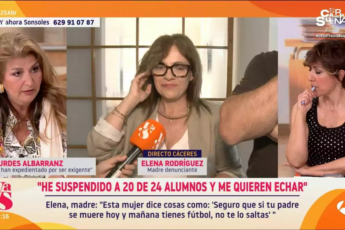 Tres mujeres aparecen en Y ahora Sonsoles Ónega, una de ellas está siendo entrevistada en directo desde Cáceres, el tema de discusión es la suspensión de alumnos y las consecuencias que enfrenta una profesora. Tres mujeres aparecen en Y ahora Sonsoles Ónega, una de ellas está siendo entrevistada en directo desde Cáceres, el tema de discusión es la suspensión de alumnos y las consecuencias que enfrenta una profesora.