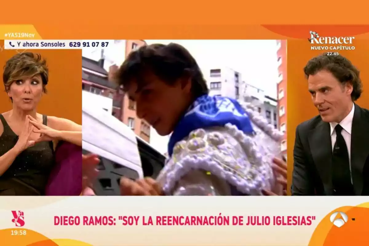 Sonsoles Ónega y un invitado conversan en Y ahora Sonsoles, mientras en la pantalla se muestra una imagen de un torero. Sonsoles Ónega y un invitado conversan en Y ahora Sonsoles, mientras en la pantalla se muestra una imagen de un torero.