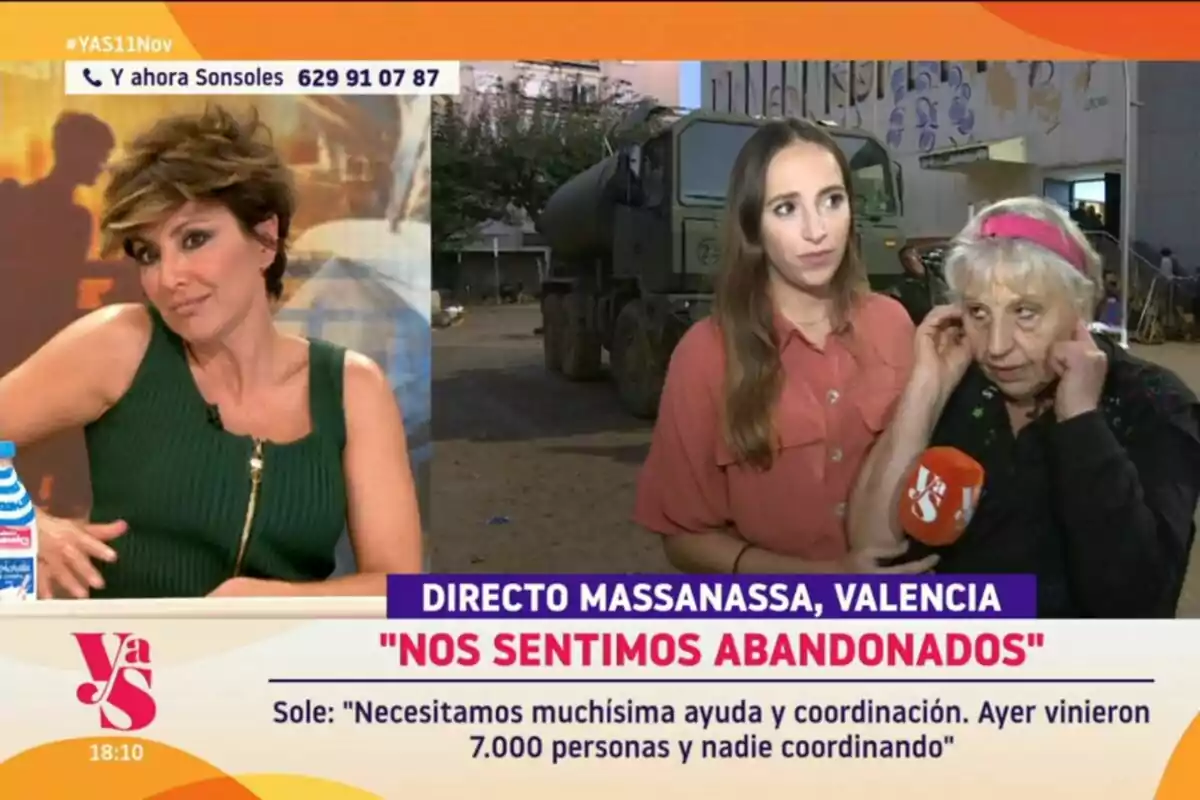 En la imagen se muestra Y ahora Sonsoles en el que Sonsoles Ónega está en el estudio mientras dos mujeres son entrevistadas en exteriores en Massanassa, Valencia, con un mensaje que dice En la imagen se muestra Y ahora Sonsoles en el que Sonsoles Ónega está en el estudio mientras dos mujeres son entrevistadas en exteriores en Massanassa, Valencia, con un mensaje que dice