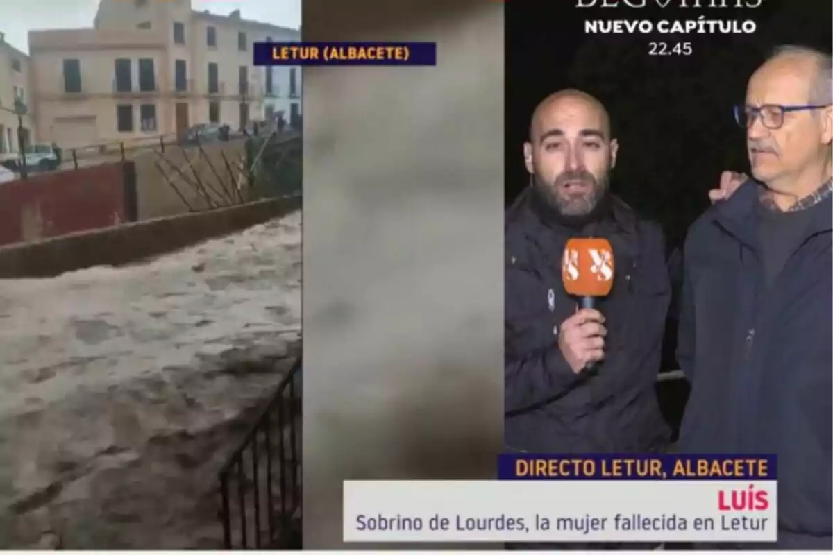 Reportero de Y ahora Sonsoles en Letur, Albacete, cubriendo una inundación con un entrevistado. Reportero de Y ahora Sonsoles en Letur, Albacete, cubriendo una inundación con un entrevistado.
