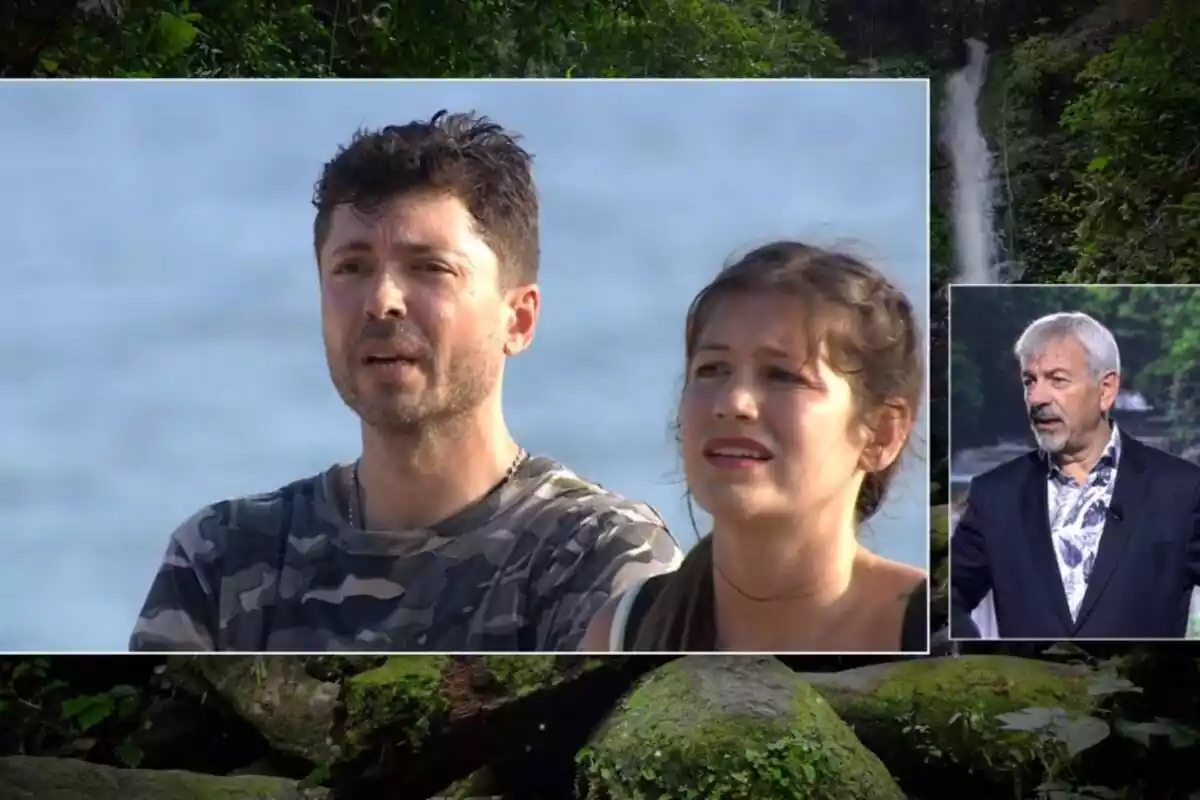 Captura de 'Supervivientes' con Ángel Cristo hablando con una camiseta militar, Miri Pérez mirando a un lado y Carlos Sobera desde plató el 11 de marzo de 2024 Captura de 'Supervivientes' con Ángel Cristo hablando con una camiseta militar, Miri Pérez mirando a un lado y Carlos Sobera desde plató el 11 de marzo de 2024