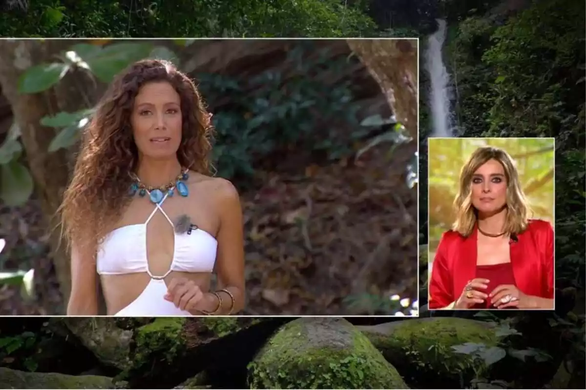 Captura de 'Supervivientes' con Laura Madrueño desde la isla con un bikini blanco y Sandra Barneda desde plató con un traje rojo el 7 de abril de 2024 Captura de 'Supervivientes' con Laura Madrueño desde la isla con un bikini blanco y Sandra Barneda desde plató con un traje rojo el 7 de abril de 2024