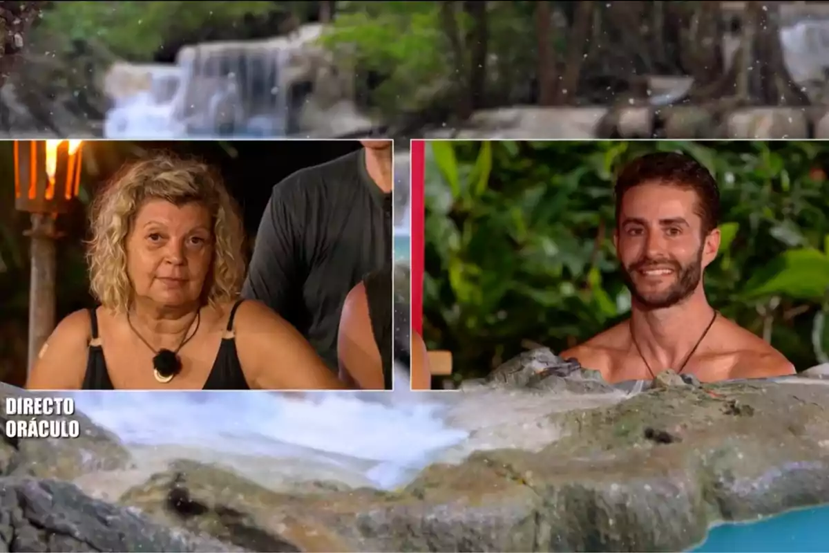 Terelu Campos y Pelayo Díaz aparecen en una transmisión dividida en un entorno de selva, una mujer a la izquierda con expresión seria y un hombre a la derecha sonriendo, con un fondo de cascada y vegetación. Captura de 'Supervivientes' Terelu Campos y Pelayo Díaz aparecen en una transmisión dividida en un entorno de selva, una mujer a la izquierda con expresión seria y un hombre a la derecha sonriendo, con un fondo de cascada y vegetación. Captura de 'Supervivientes'
