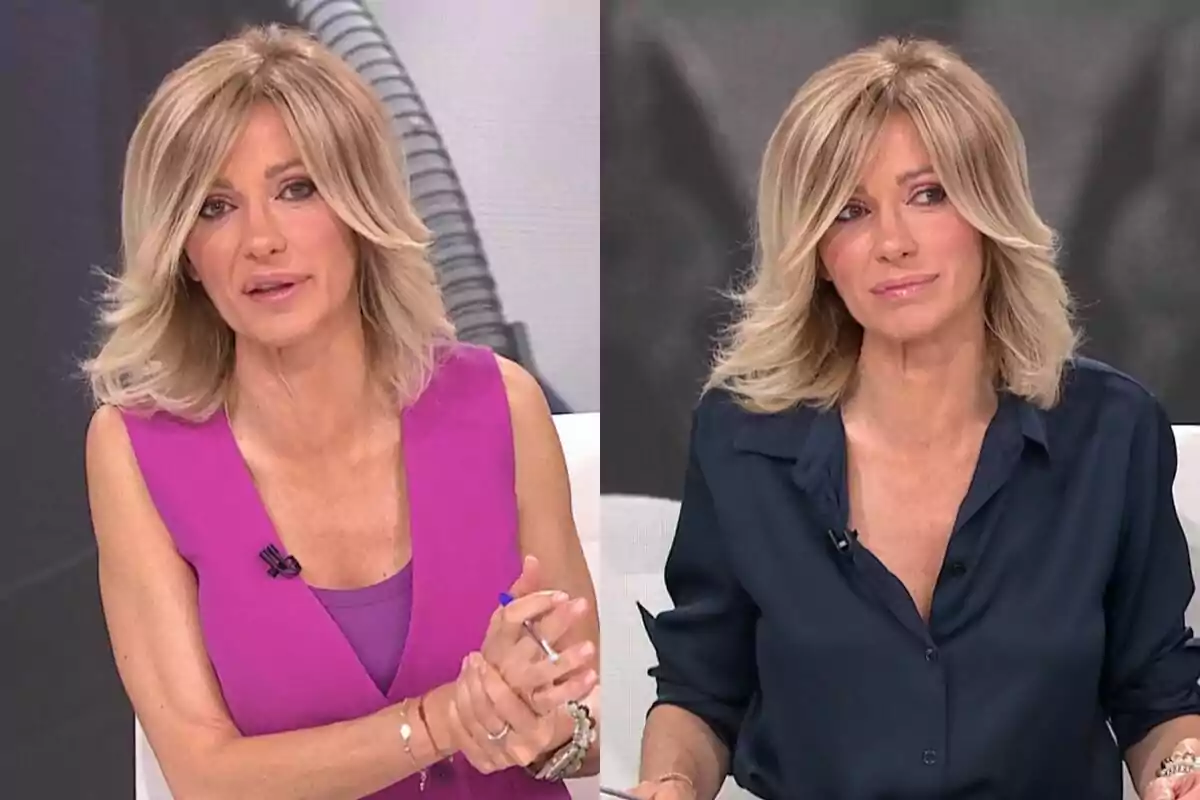 Dues imatges de Susanna Grisoo a Espejo Público amb cabell solt, en la primera porta un vestit sense mànigues de color fúcsia i en la segona una brusa blau fosc. Dues imatges de Susanna Grisoo a Espejo Público amb cabell solt, en la primera porta un vestit sense mànigues de color fúcsia i en la segona una brusa blau fosc.