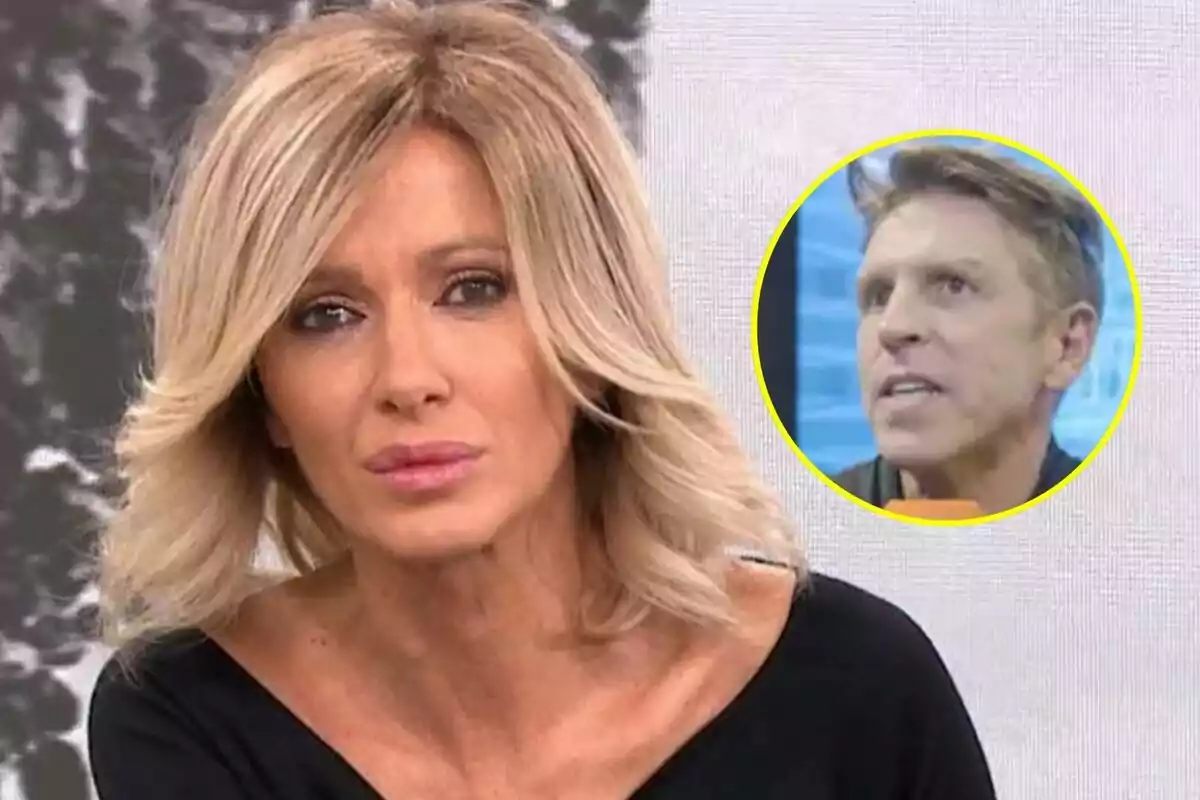 Susanna Griso rubia con expresión seria en Espejo Público aparece en primer plano mientras Manuel Díaz El Cordobés en El Desafío es visible en un círculo amarillo en la esquina superior derecha.