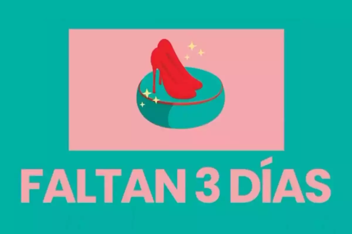 Sabates de taló vermelles sobre una plataforma amb text que diu "Falten 3 dies".