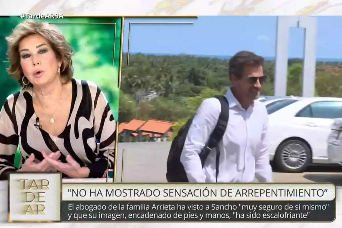 Captura de 'TardeAR' con Ana Rosa Quintana hablando con una blusa marrón y negra y unas imágenes de Rodolfo Sancho sonriendo con gafas de sol y una mochila en el hombro el 9 de abril de 2024 Captura de 'TardeAR' con Ana Rosa Quintana hablando con una blusa marrón y negra y unas imágenes de Rodolfo Sancho sonriendo con gafas de sol y una mochila en el hombro el 9 de abril de 2024