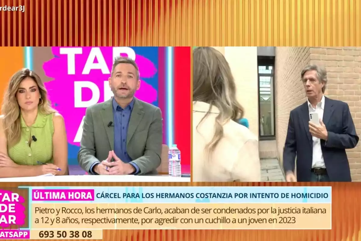 Frank Blanco y Verónica Dulanto informan sobre la condena de los hermanos Costanzia mientras en la pantalla dividida aparece una reportera entrevistando a Carlo Costanera en el exterior de un edificio de ladrillo Frank Blanco y Verónica Dulanto informan sobre la condena de los hermanos Costanzia mientras en la pantalla dividida aparece una reportera entrevistando a Carlo Costanera en el exterior de un edificio de ladrillo