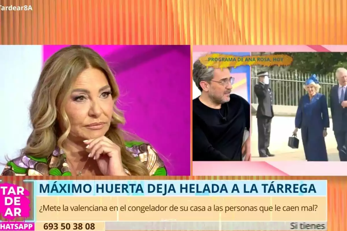 Cristina Tárrega observa pensativa mientras en la pantalla se muestra a Máximo Huerta hablando y una imagen de una pareja caminando, con un texto que menciona a Máximo Huerta y una pregunta intrigante sobre meter a alguien en el congelador. Cristina Tárrega observa pensativa mientras en la pantalla se muestra a Máximo Huerta hablando y una imagen de una pareja caminando, con un texto que menciona a Máximo Huerta y una pregunta intrigante sobre meter a alguien en el congelador.