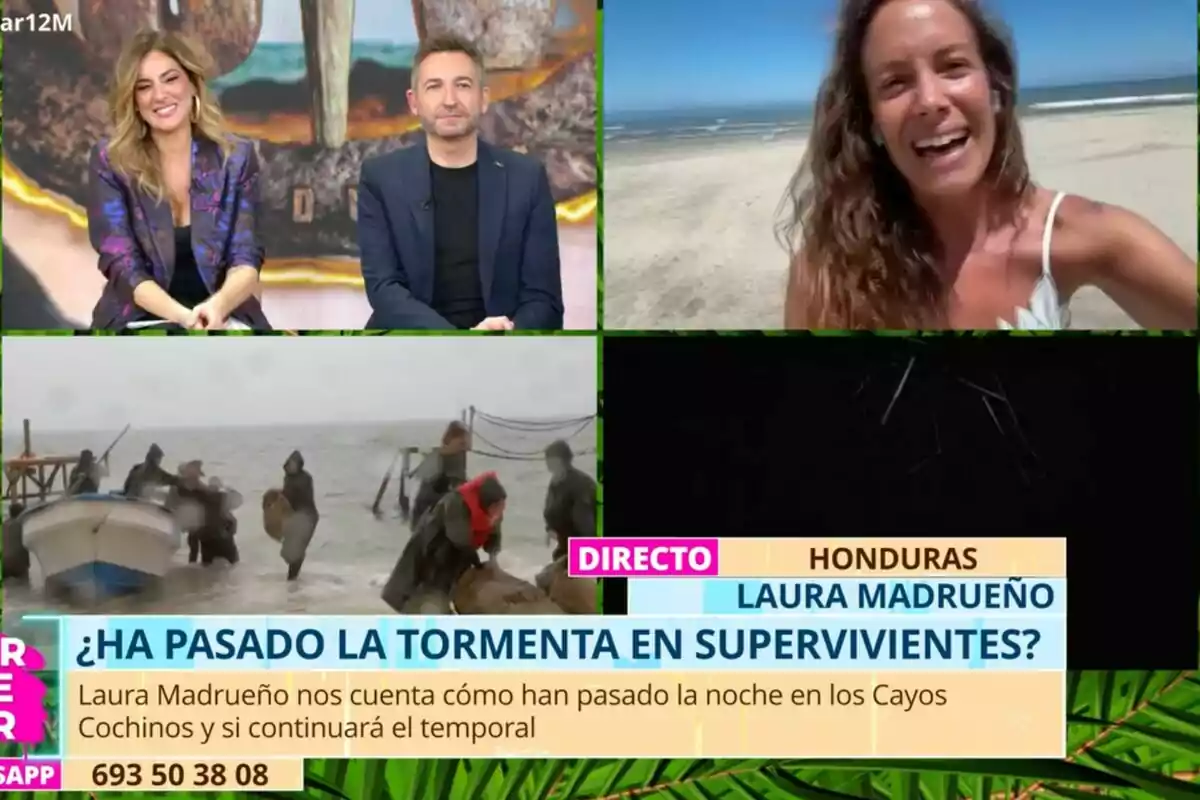 'TardeAR' con Verónica Dulanto y Frank Blanco en videollamada con Laura Madrueño en la playa y una escena de personas en la costa durante una tormenta, con texto en pantalla sobre la situación en los Cayos Cochinos. 'TardeAR' con Verónica Dulanto y Frank Blanco en videollamada con Laura Madrueño en la playa y una escena de personas en la costa durante una tormenta, con texto en pantalla sobre la situación en los Cayos Cochinos.