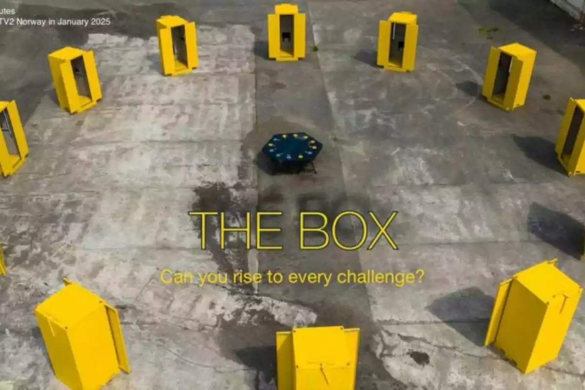 Una sèrie de caixes grogues disposades en cercle sobre un terra de ciment amb una taula blava al centre i el text "THE BOX Can you rise to every challenge?" al mig.