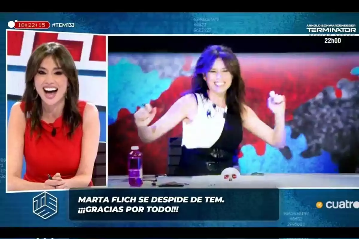 Presentadora somrient en un programa de televisió amb un missatge de comiat que diu Marta Flich s’acomiada de Todo es Mentira gràcies per tot